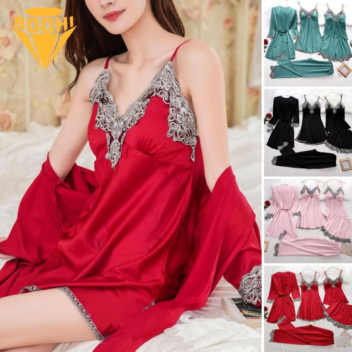 Women Satin Pajama Set Silky Satin Lace Patchwork Women's Pajama