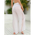 Women Casual Beachwear, Solid Color Hollow Out See-Through Loose Cover Up Long Pants. 