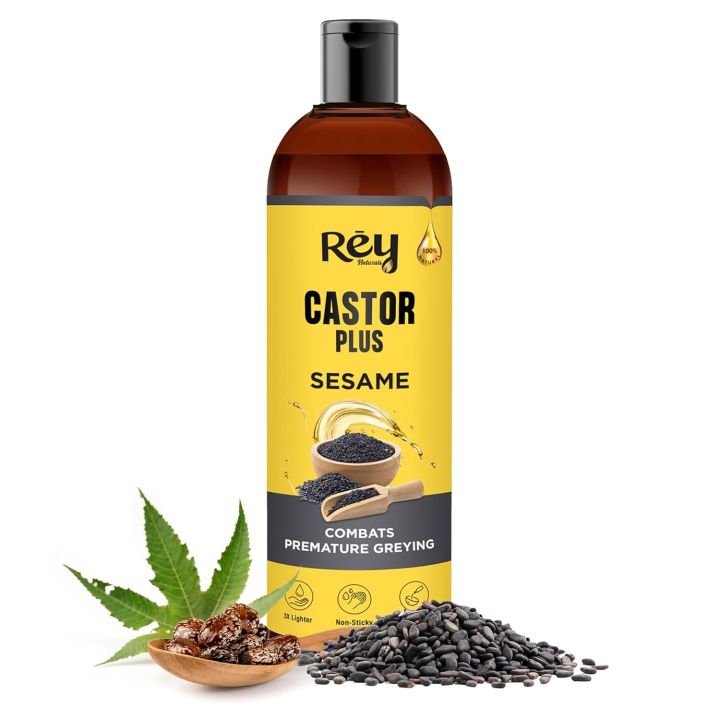 Rey Naturals Premixed Castor Oil Plus Sesame Oil Cold Pressed | Cold Pressed Sesame Oil | Helps Restore Natural Black Hair | Black Sesame Oil For Hair Growth | Sesame Oil For Massage - 200 ml  (FROM INDIA)