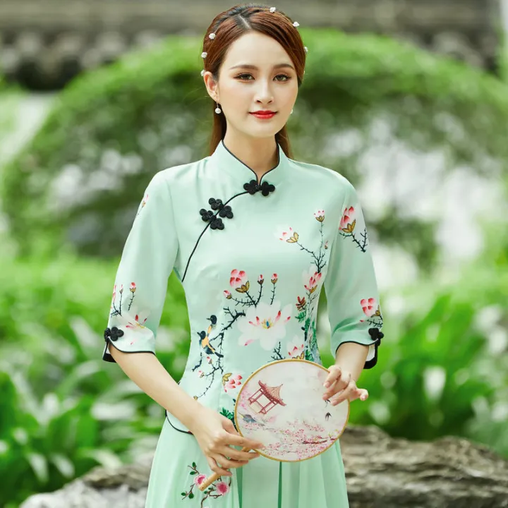Spring%20and%20Summer%20New%20Slim%20Fit%20Republic%20of%20China%20Style%20Retro%20Girl%20Half%20Sleeve%20Top%20Style%20Chinese%20Dress%20Cheongsam%20Two-Piece%20Suit%20Tea%20Clothes%20-%20Image%203