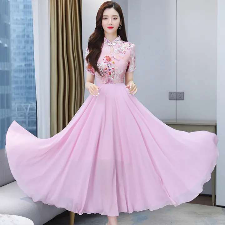 bellylady%20Women%20Cotton%20Chiffon%20Dress%20Chinese%20Style%20Printing%20Stand%20Collar%20Mid-length%20Retro%20Cheongsam%20Skirt%20-%20Image%204