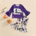 Toddler Girl Halloween Outfits, Cartoon Pattern Long Sleeve Ruffles Decor T-Shirt + Elastic Waist Flare Long Pants Set. 