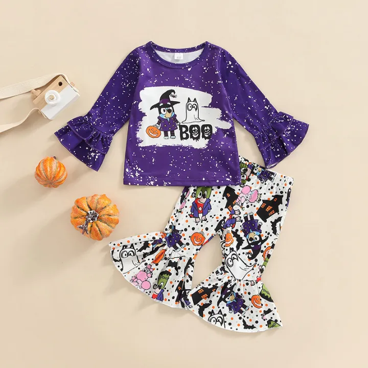 Toddler%20Girl%20Halloween%20Outfits,%20Cartoon%20Pattern%20Long%20Sleeve%20Ruffles%20Decor%20T-Shirt%20+%20Elastic%20Waist%20Flare%20Long%20Pants%20Set%20-%20Image%202
