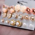 9 Pairs/Set Studs Earrings Set for Women Rose Flowers Heart Pearl Earrings Rhinestone Crystal Stud Earring Jewelry Gift. 