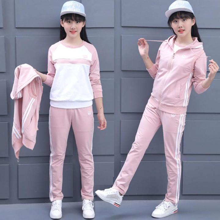 Girls' Clothing Middle School Student Sports Suit Female Spring and Autumn Large Size Women's Clothing Korean Style Casual Sweatshirt Older Children Three-Piece Suit Autumn