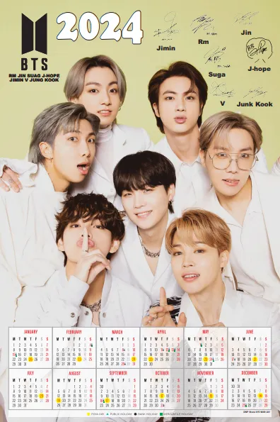 BTS KPOP 2024 A3 size calendar with BTS signatures