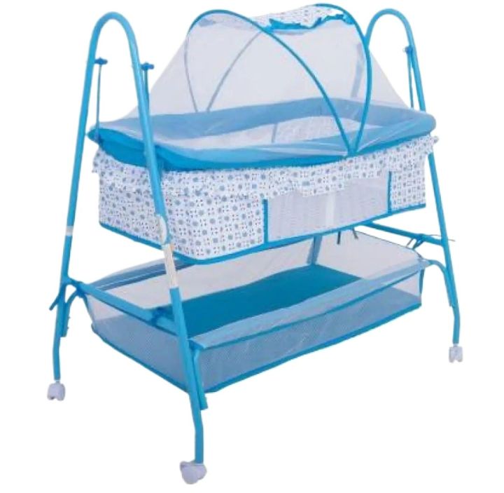 BabyLand 208 Comfort Cradle Cot - New Born Baby Swing Cradle with Mosquito Net & Wheel (Blue) | Blackkito