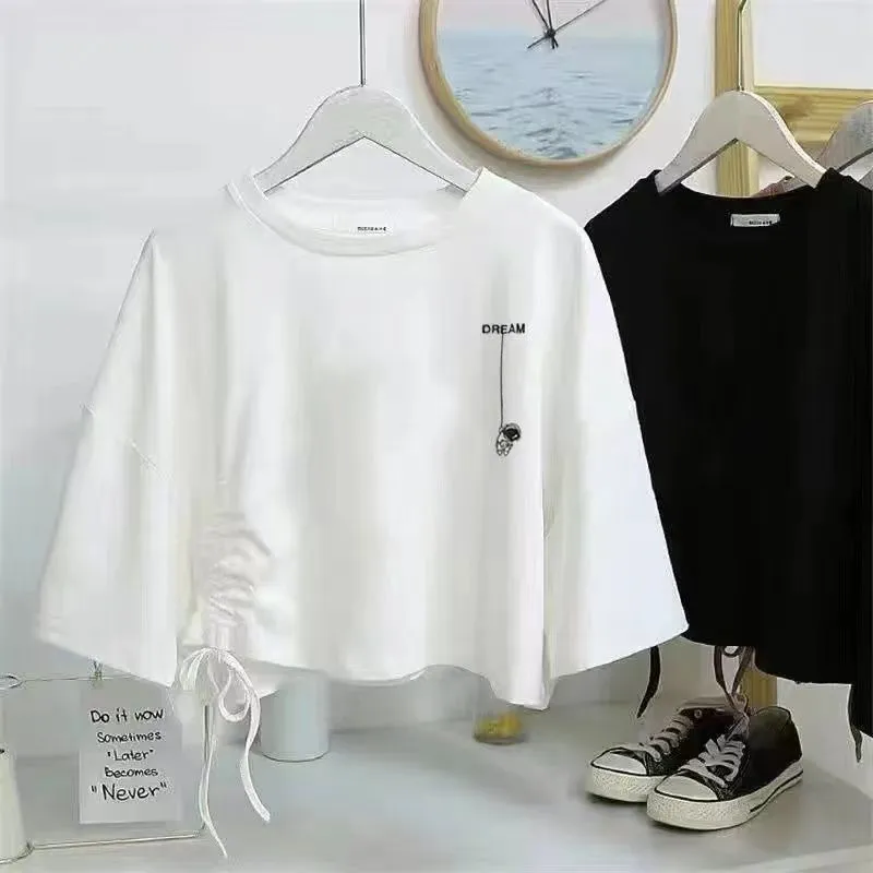 Black Niche Design Irregular Drawstring Short SleeveTT-shirt