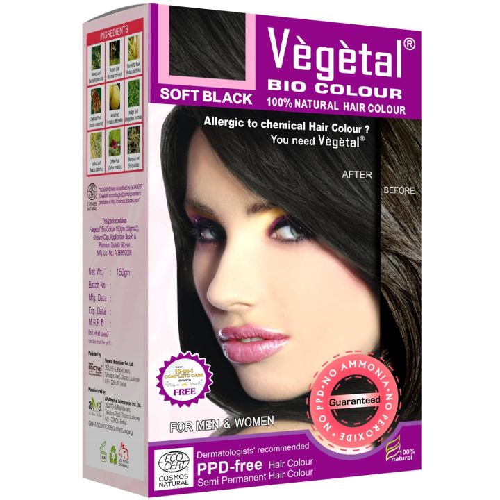 Vegetal Bio Hair Colour Soft Black | 150g | Achieve Natural, Ammonia-Free Hair Color | PPD-Free, 100% Herbal Certified Organic for Men and Women | UV Protection and Luster Maintenance | Complete Kit(FROM INDIA)NUZ