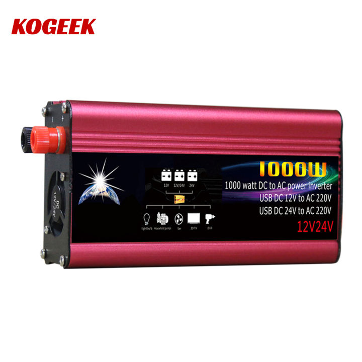 KOGEEK Car Power Inverter LED Indicator Power Converter Intelligent Cooling Universal Modified Sine Wave 1000W DC 12V/24V to 220V AC