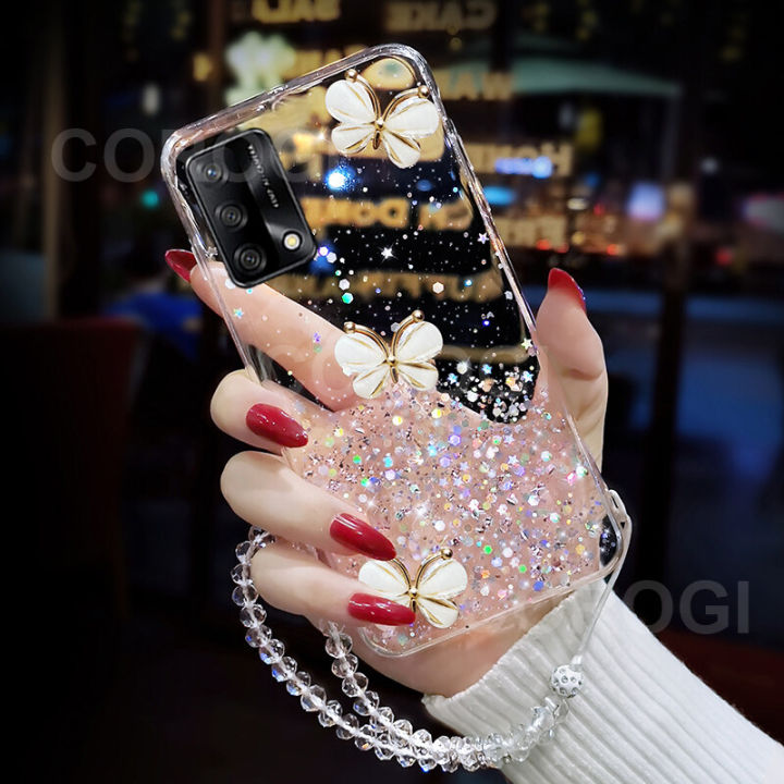 For OPPO F19 Cover + Crystal Wrist Strap Fashion 3D Rhinestone Butterfly Shiny Glitter Girls Phone Case Clear Soft Silicone Bumper Shockproof Protective Back Cover