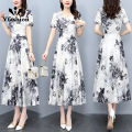 Yfashion Women Cotton Dress Summer V Neck Short Sleeve Waist Fit Pleated Loose Dress Floral Print Casual Long Dresses. 