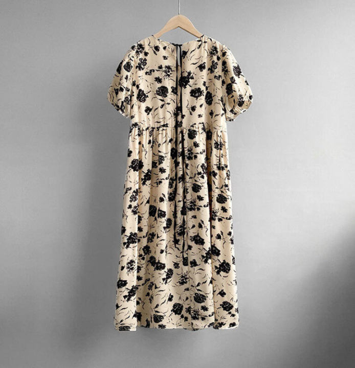 %E3%80%90WEJA%E3%80%91Women%20French%20Style%20Vintage%20Elegant%20Round%20Neck%20Puff%20Sleeve%20Loose%20Mid-lengh%20A-lineBlack%20Floral%20Dress%20-%20Image%207