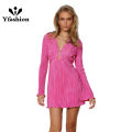 Yfashion Women Long Sleeves Dress Elegant Flare Sleeves High Waist A-line Skirt Simple Solid Color Slim Fit Lace-up Dress. 