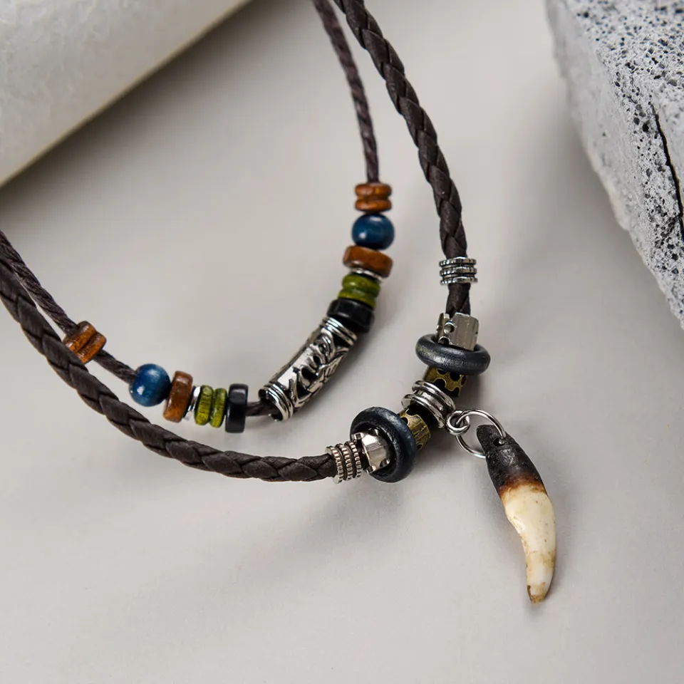 Leather Tribal Necklace for Women Men Vintage Bohemian Style