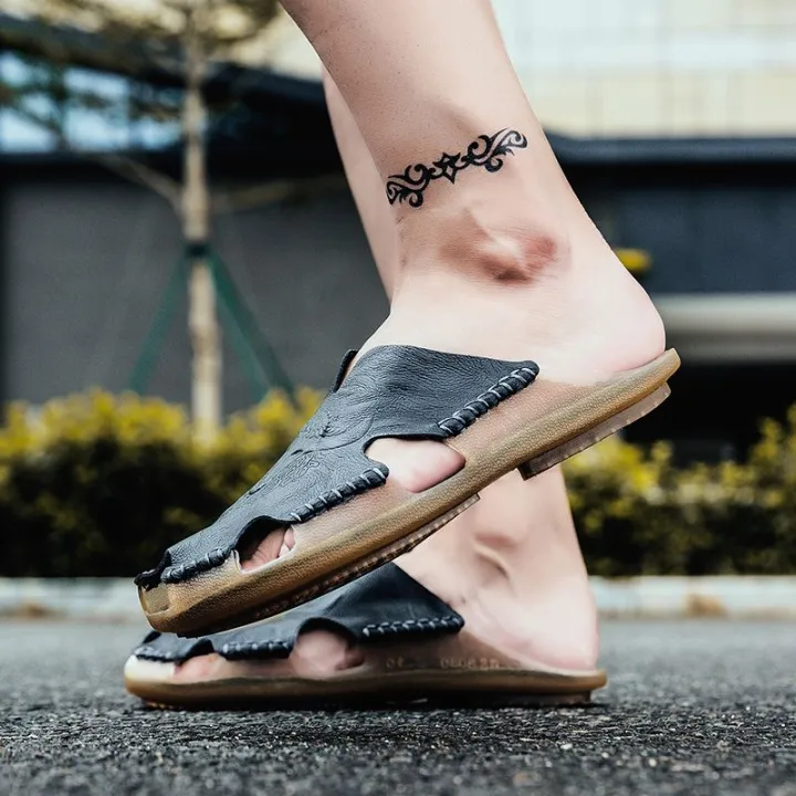 Genuine Cow Leather Slippers Men's Summer Sandals Outdoor Wear Sandals Home Half Slippers Korean Style Trendy Unique Beach Shoes