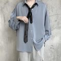Black Long-sleeved Shirts Men Korean Comfortable Blouses Casual Loose Single Breasted Shirt With Tie. 