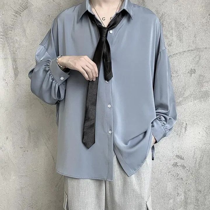 Black%20Long-sleeved%20Shirts%20Men%20Korean%20Comfortable%20Blouses%20Casual%20Loose%20Single%20Breasted%20Shirt%20With%20Tie%20-%20Image%202