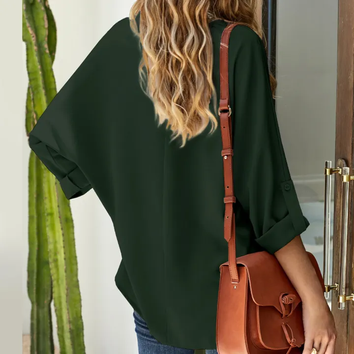 Yfashion%20Women%20Summer%20Loose%20Shirt%20V%20Neck%20Long%20Sleeve%20Roll%20Up%20Sleeve%20Solid%20Color%20Tunic%20Tops%20Business%20Casual%20Shirts%20Work%20Tops%20-%20Image%203