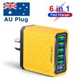 GTWIN 3.1A 6 IN 1AU Plug Fast Charger USB Australian Multi Charger QC3.0 Quick Charger Yellow Mobile Phone Charger Wall Charger. 