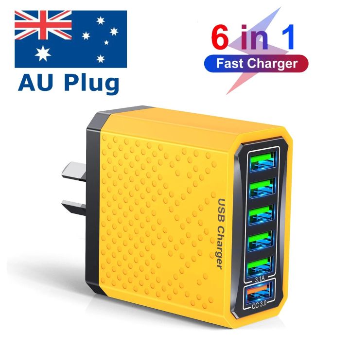 GTWIN 3.1A 6 IN 1AU Plug Fast Charger USB Australian Multi Charger QC3.0 Quick Charger Yellow Mobile Phone Charger Wall Charger