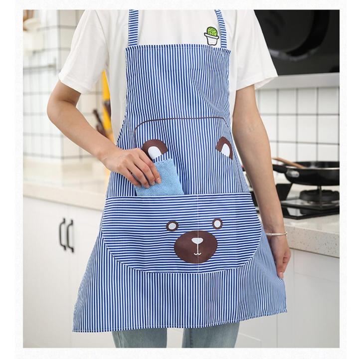 【BestGO】Unisex Apron with Pockets Cartoon Cute Bear Stripe Printed Kitchen Cooking Baking Apron
