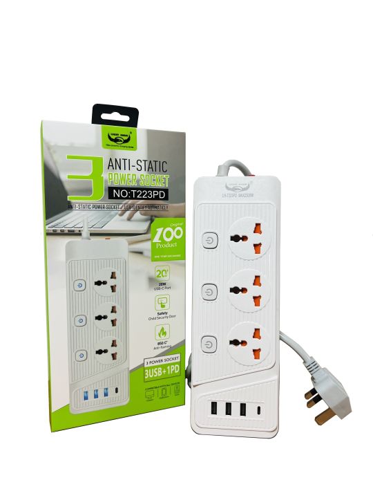 Power Extension Wire Cord With 3 Ac Sockets‎ & 3 USB Ports & 1 PD Port (U3LHT233PD)