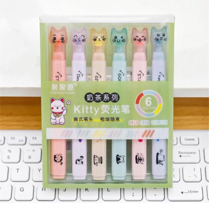 6Pcs/Set Cute Cartoon Cat Paw Highlighter Fluorescent Marker Pen Student Art Drawing Doodling School Office Kawaii Stationery