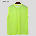 Solid color breathable summer mesh vest men's INCERUN transparent V-neck sleeveless vest beachwear. 