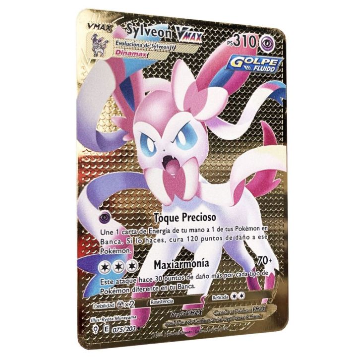 【Hot demand】【Hot demand】Sylveon Vmax Golden Pokemon Cards in Spanish Iron Metal Pokmo Letters Kids Gift Game Collection Cards ESPAÑOL Toys Rainbow