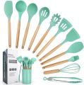 12 Pcs Silicone Cooking Utensils Kitchen Utensil Set - Heat Resistant Non-Toxic BPA Free Spatula Set with Turner Tongs,Spoon,Brush,Whisk-Wooden Handles Kitchen Gadgets Tools Set for Nonstick Cookware. 