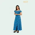 Open shoulder side open printed long frock. 