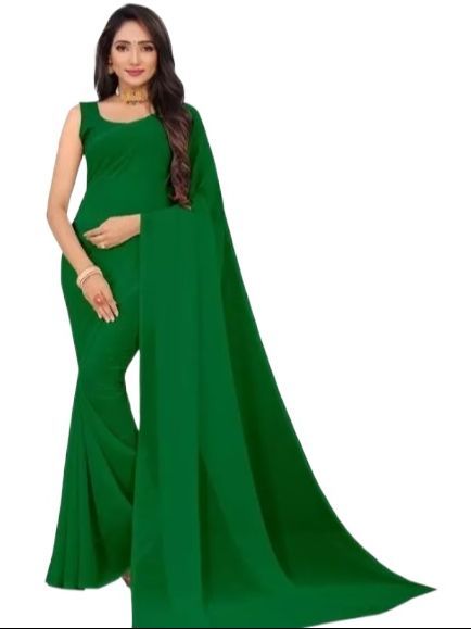 PLAIN DARK GREEN GEORGETTE SAREE WITH BLOUSE PIECE