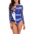 Women's One-Piece Swimsuit, 3D Print Long Sleeve Round Neck Hollow Out Back Bathing Bodysuit. 