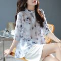 Chinese Style Printed Chiffon Shirt Female Summer Fashion Round Neck New Chic Design Casual OL Thin Shirts. 