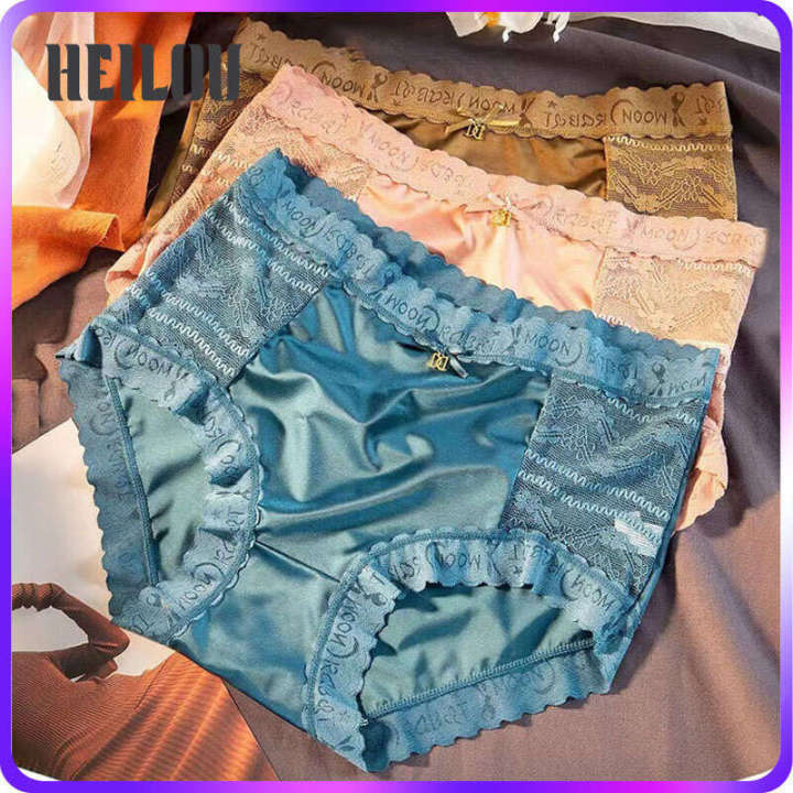HEILOU Tiktok Same Style Silk Satin Panty Women Seamless Mid High Waist Lace Big Size Cotton Crotch Underwear