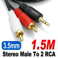 3.5 MM Male Jack to AV 2 RCA Male Stereo Music Audio Cable Cord AUX for Mp3 Pod Phone TV Sound Speakers 1.5M | bigbozz. 