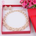 2Pcs Women Fashion Faux Pearl Rhinestone Inlaid Necklace Earrings Jewelry Set. 