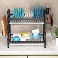 2-Tier Dish Rack Storage Box with Cutlery Knife Holder and Cutting Board Holder Anti-Rust Cutlery Drainer with Removable Drain Plate for Kitchen Counter Storage. 