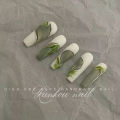 Costume ins nail art hand-painted green leaf French style white ice through hand-worn nail finished detachable medium length. 