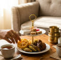 2 Tier Premium Porcelain Cake Tray - Gold Line. 