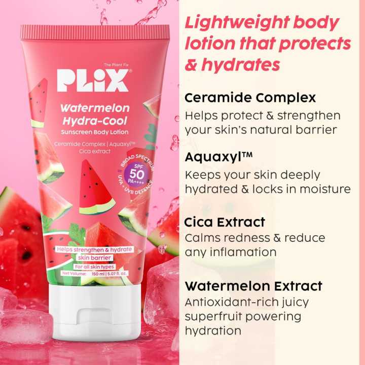 Plix%20Watermelon%20Hydra-Cool%20Sunscreen%20Body%20Lotion%20SPF%2050%20%7C%20PA++++%20%20150ml%20-%20Image%203