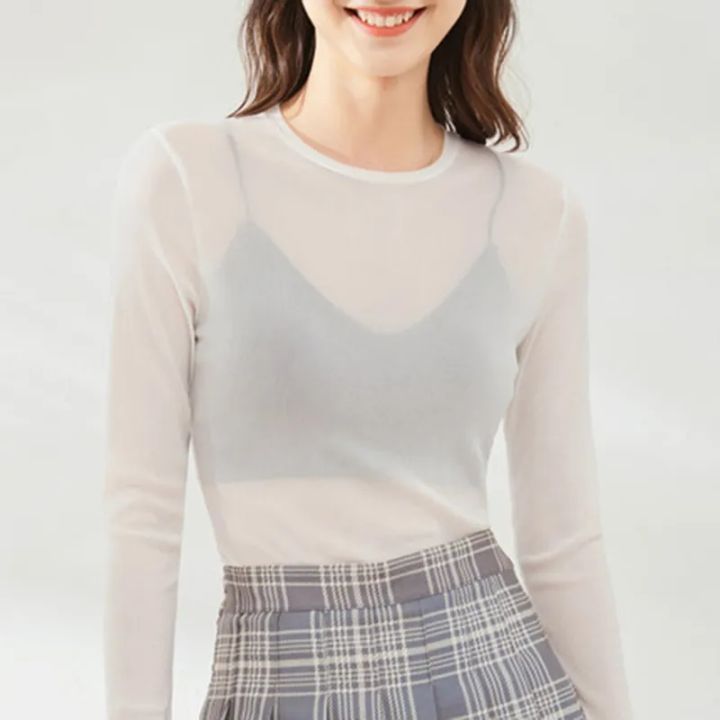 Mesh%20Undershirt%20Women's%20Inner%20Layer%20With%20Sun%20Protection%20Clothing%20Thin%20Transparent%20Top%20Spring%20Autumn%20Ice%20Silk%20Lace%20Gauze%20T-Shirt%20-%20Image%203