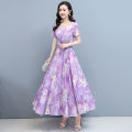 【WEJA】Summer New Arrival Short Sleeve Wide Lady High-End Mid Length Long Length Dress Female Elegant Slimming round Neck Print Fairy Skirt. 