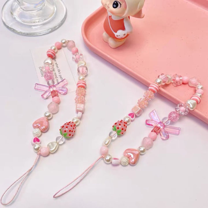 Sweet And Cute Pink Strawberry Mobile Strap Phone Chains For Women Pearl Chain Phone Pendant Charm Key Anti-Lost Lanyard Jewelry ANLAN