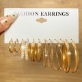 6 PC Elegant and Versatile: Ladies Round Geometry Pearl Earrings - Perfect for Adding Sophistication to Your Outfits. 