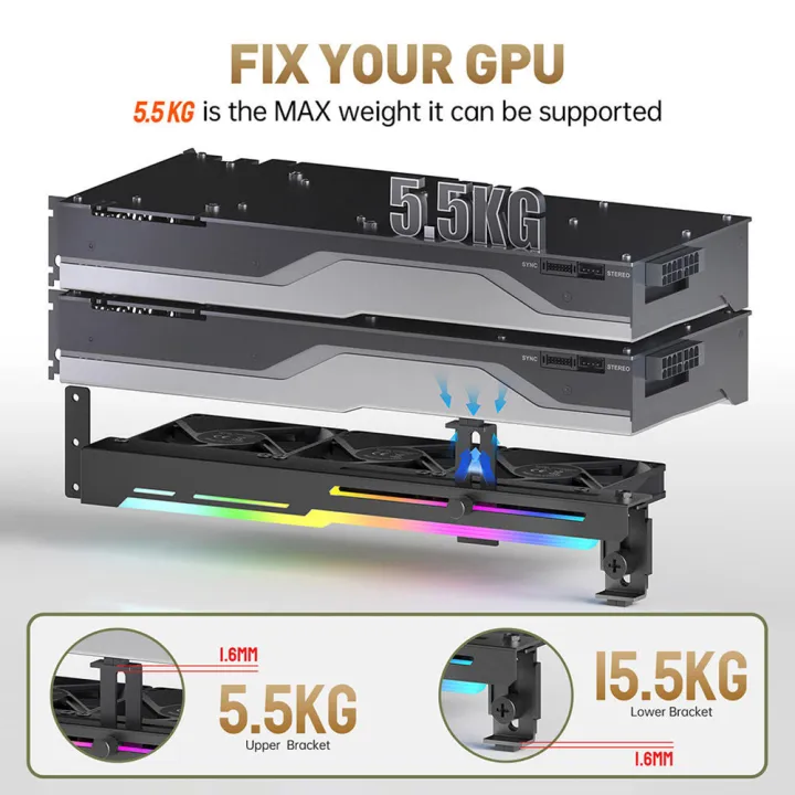 2%20In%201%20Rgb%20Gpu%20Holder%20With%203x80mm%20Fans%20Argb%20Horizontal%20Graphic%20Cards%20Bracket%20Video%20Support%205v3pin%20Radiator%20Cooling%20Fan%20-%20Image%203