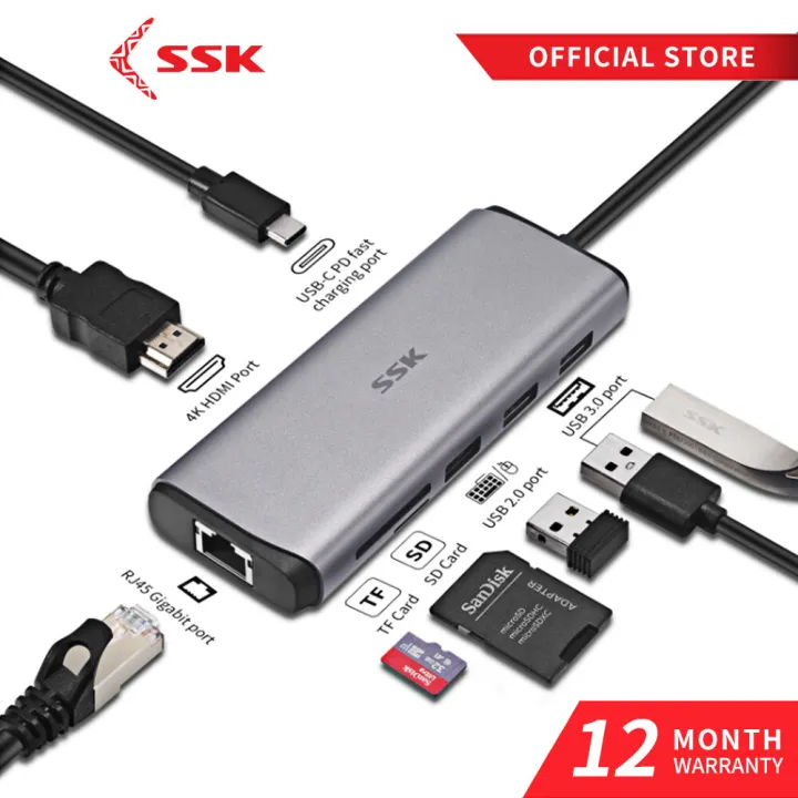 SSK SC202 8 in 1 USB C HUB Type C Multiport Adapter with 4K HDMI USB 3.0 Ports USB 2.0 Port SD/TF Card Reader PD3.0 Dock suitable for MacBook HUB