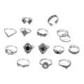 Eancolor  15/PCS Set Retro Silver Open Rings Geometric Black Gemstone Set Rings For Girls. 