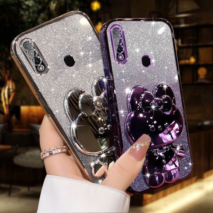 For Samsung Galaxy A02 A11 A20s A20 A30 M02 M11 Back Cover with Cute Rabbit Makeup Mirror Stand Luxury Gradient Shiny Plating Glitter Women Phone Case Clear Soft Silicone Protective Cases Pouch Girls
